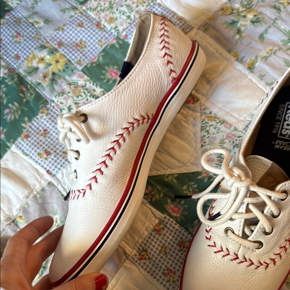 SOLD Keds White Leather Baseball Sneakers with Red Accents - Picture 2 of 8